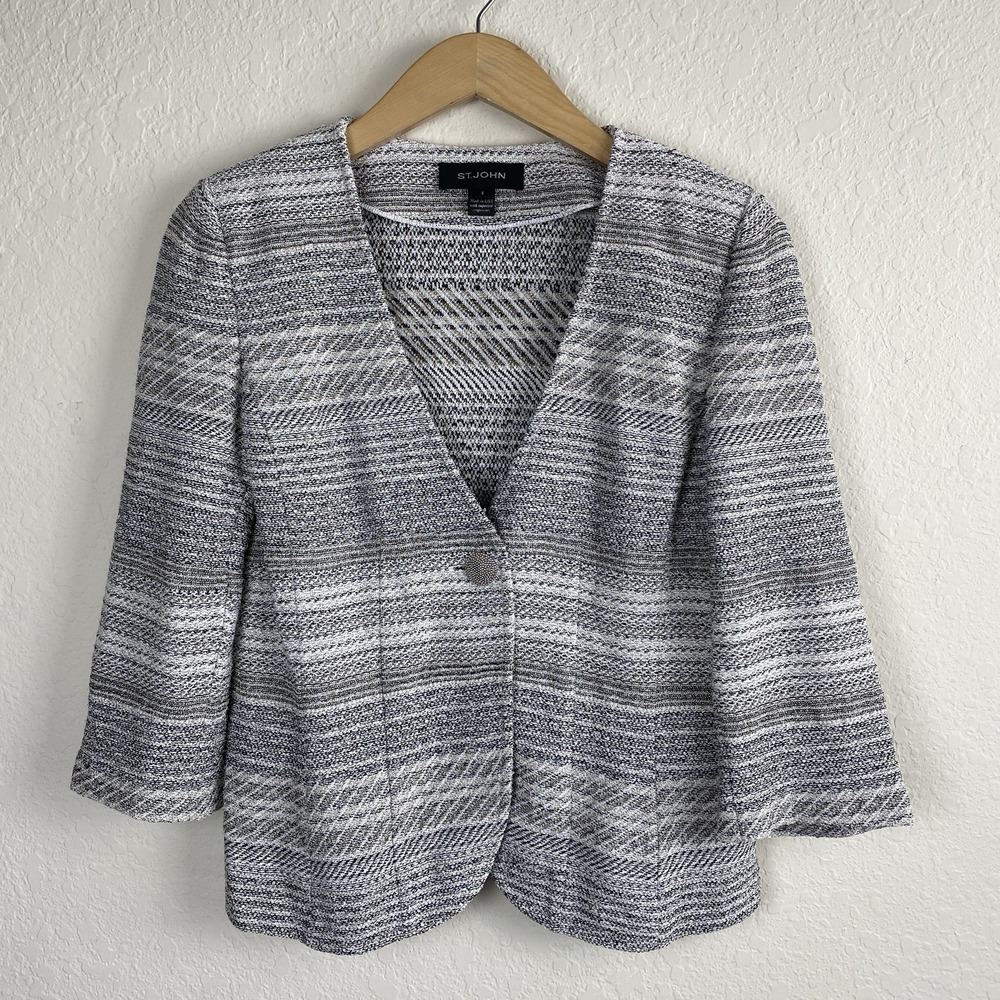St John 8 Collarless Blazer Metallic Tweed One Button Bolero Gold Silver Career